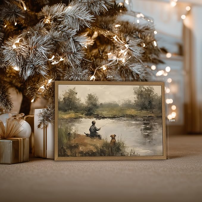 Clicyre Vintage Fishing Wall Art Canvas Print for Boys Room - Rustic Country Farmhouse Landscape, Boy with Dog Lake Pond Scenery, Cabin Lake House Decor for Bedroom Bathroom, Wood Framed 12x16 Inch