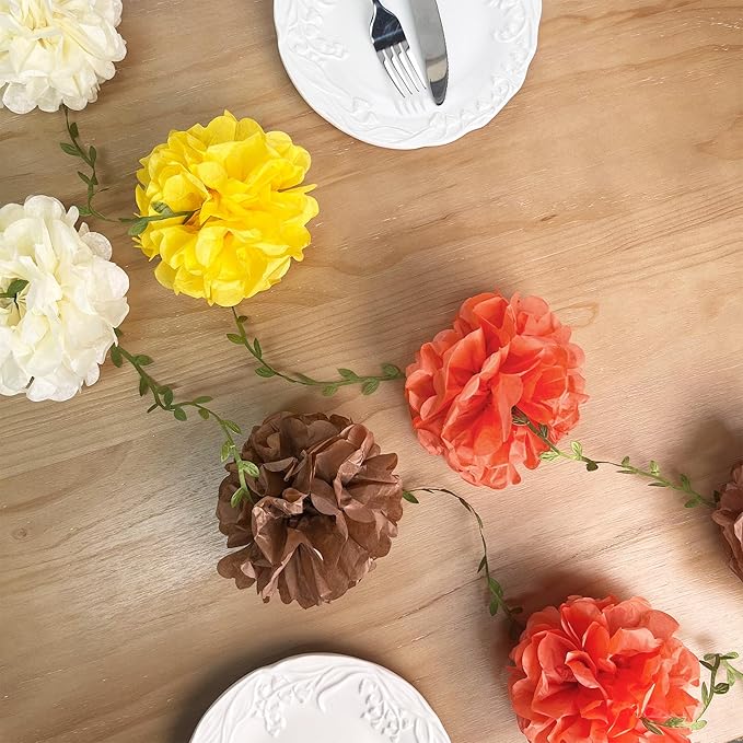 Fall Party Decorations Orange Yellow Brown Beige Tissue Paper Flowers Pom Pom Leaf Ribbon Hanging Garland Streamer for Thanksgiving Harvest Birthday Bachelorette Baby Shower Wedding Party Supplies