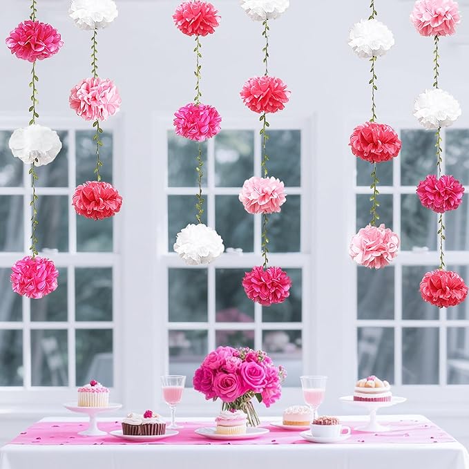 Hot Pink White Party Decorations Ombre Pink White Tissue Paper Flowers Pom Pom Leaf Ribbon Hanging Streamer Garland for Women Girls Birthday Bachelorette Baby Shower Wedding Flamingo Party Supplies