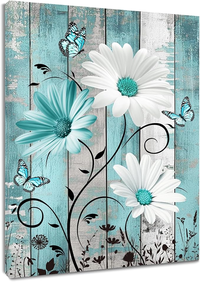 MYUSRE Rustic Daisy Teal Canvas Wall Art Vintage Floral Butterfly on Farmhouse Wooden Wall Decor for Bedroom, Flower Nature Plant Framed Wall Art for Living Room Bathroom Home Decor, 20L X 16W inches