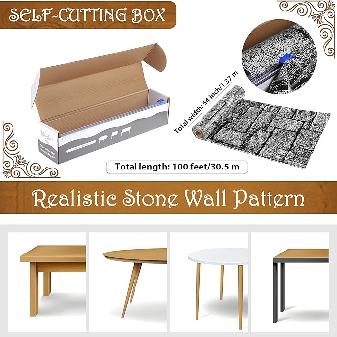 Kochorie 100 Ft x 54 Inch Stone Wall Tablecloth Roll with Cutter Box Disposable Plastic Stone Table Cover Medieval Stone Brick Table Cloth Dirt Floor Wall Backdrops for Farm Wedding Birthday Party
