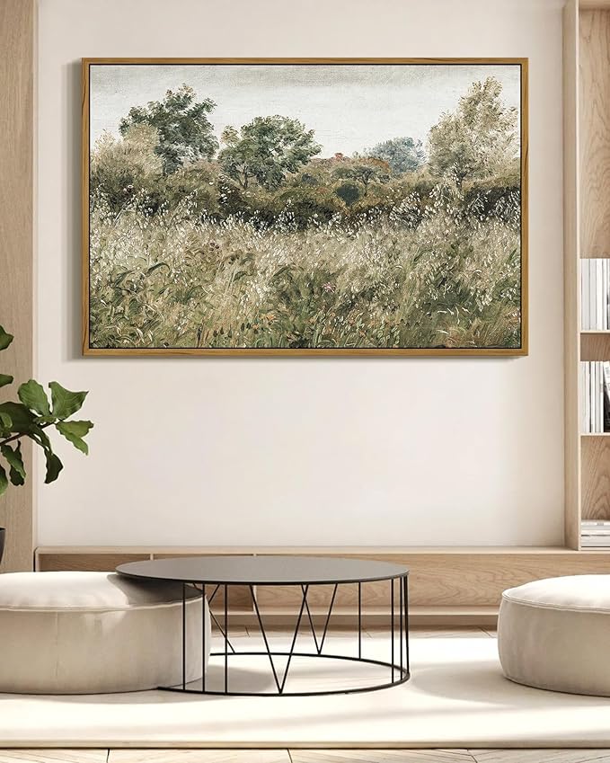 SHENIFY Vintage Landscape Framed Wall Art Meadow Scenery Farmhouse Decor Retro Painting for Living Room Bedroom Ready to Hang Wall Artwork - 24x36in Natural Framed