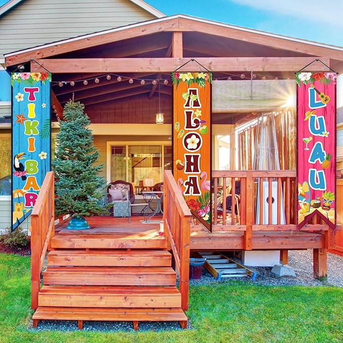 3 Pcs Hawaiian Banners Aloha Luau Porch Sign Tiki Bar Hanging Flag Tropical Welcome Sign Summer Beach Pool Party Decorations Photo Props Backdrop for Outdoor Door Wall Yard Birthday Camping