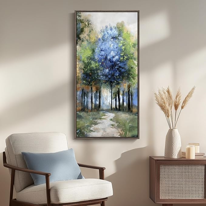 Framed Vertical Colorful Forest Living Room Wall Art, Large Tree & Path Picture Artwork for Walls, Farmhouse Landscape Vertical Canvas Print for Office Kitchen Foyer Stair Hallway Wall Decor, 20x40 In