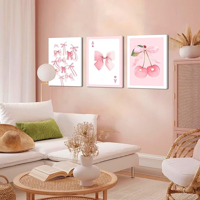 Trendy Pink Bows Canvas Wall Art Set of 3, Vintage Preppy Cherry Posters Prints, Pink Girly Room Aesthetic Wall Decor Painting for College Apartment Living Room Bedroom 16x24 In Framed