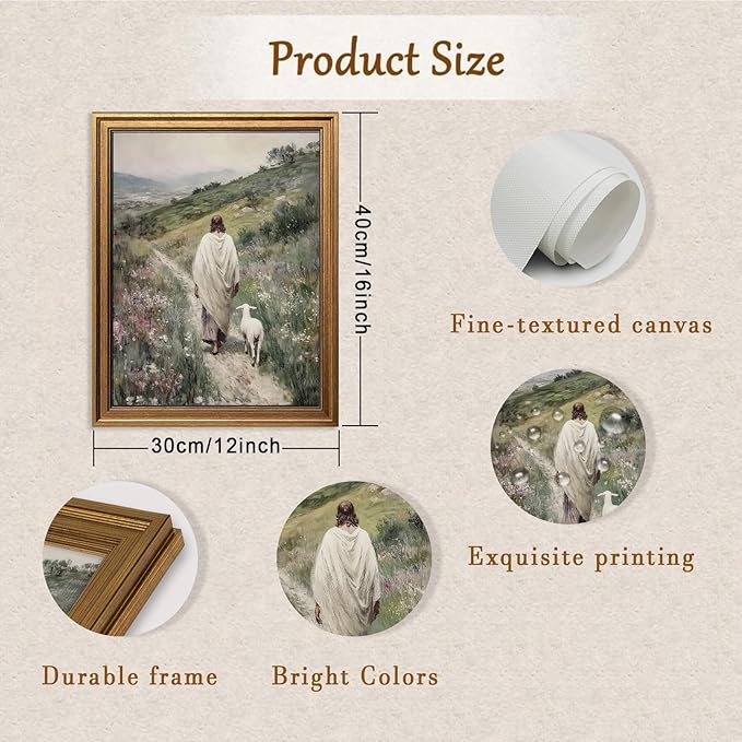 Aroutde Jesus Canvas Wall Art for Prayer Room Christian Wall Decor Vintage Gold Framed Jesus Leaves the 99 Sheep Prints Modern Religious Art Print for Living Room Bedroom Decoration (16L''x12W'')