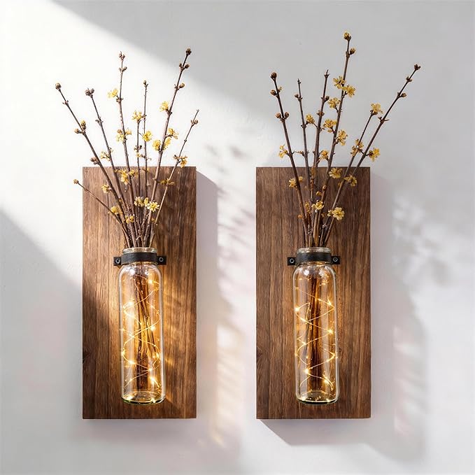 2 Pack Wood Glass Wall Sconces, Farmhouse Planters for Indoor Plants, Rustic Decor for Living Room, Hanging Vase (Brown)