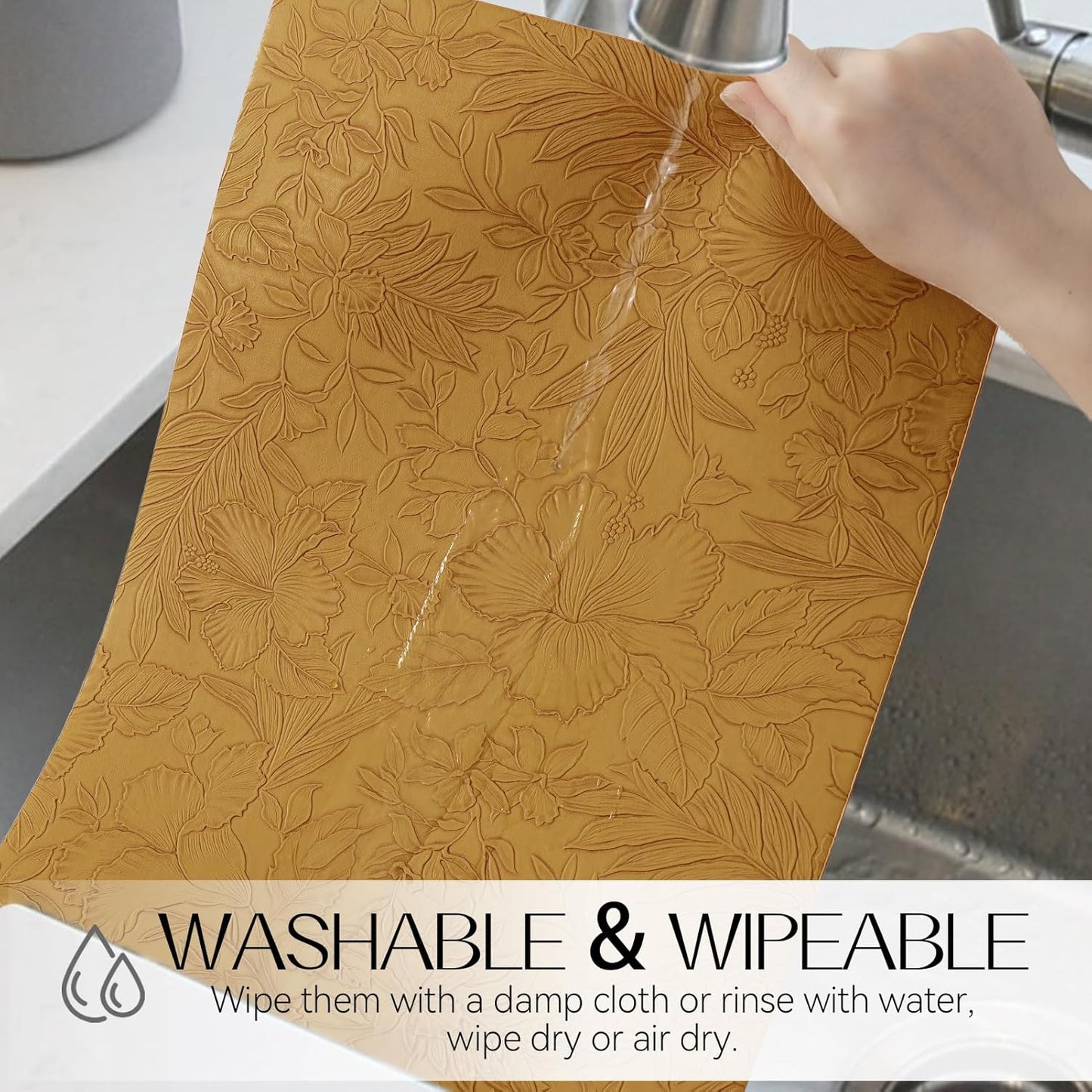 Romanstile Vinyl Placemats Set of 6-12 X 18 Inch - Heat Resistant Non-Slip Embossed Floral Place Mats 100% Waterproof Oilproof Wipeable Faux Leather Table Mats for Kitchen/Dining/Party, Gold