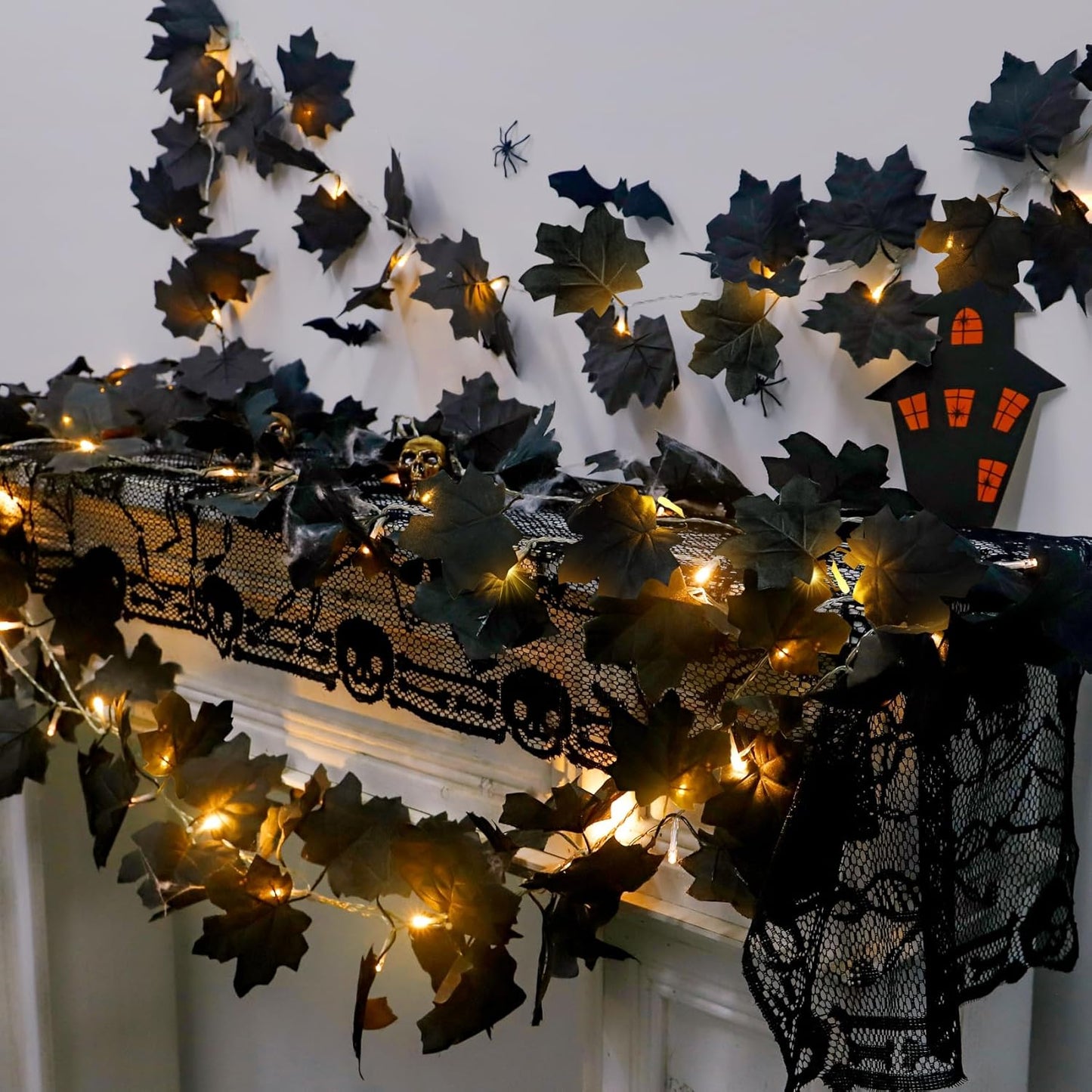 Ouddy Decor 2 Pack Lighted Black Garland Decorations, Total 20 Ft 60 Led Fall Lights Maple Leaves Battery Operated for Indoor Outdoor Thanksgiving Front Door Decor, Warm White