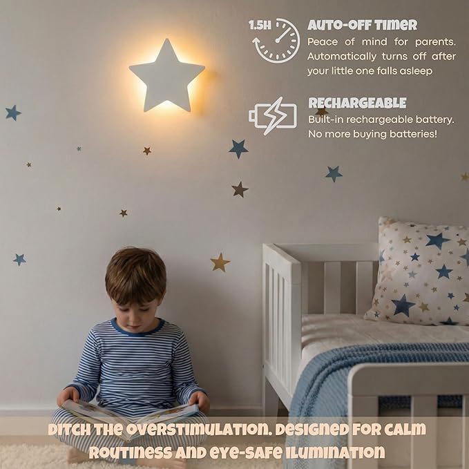 Star Wall Light for Nursery – Crib and Toddlers Night Light - Rechargeable & Dimmable Warm Light - 106 Pcs Moon and Star Decals Included