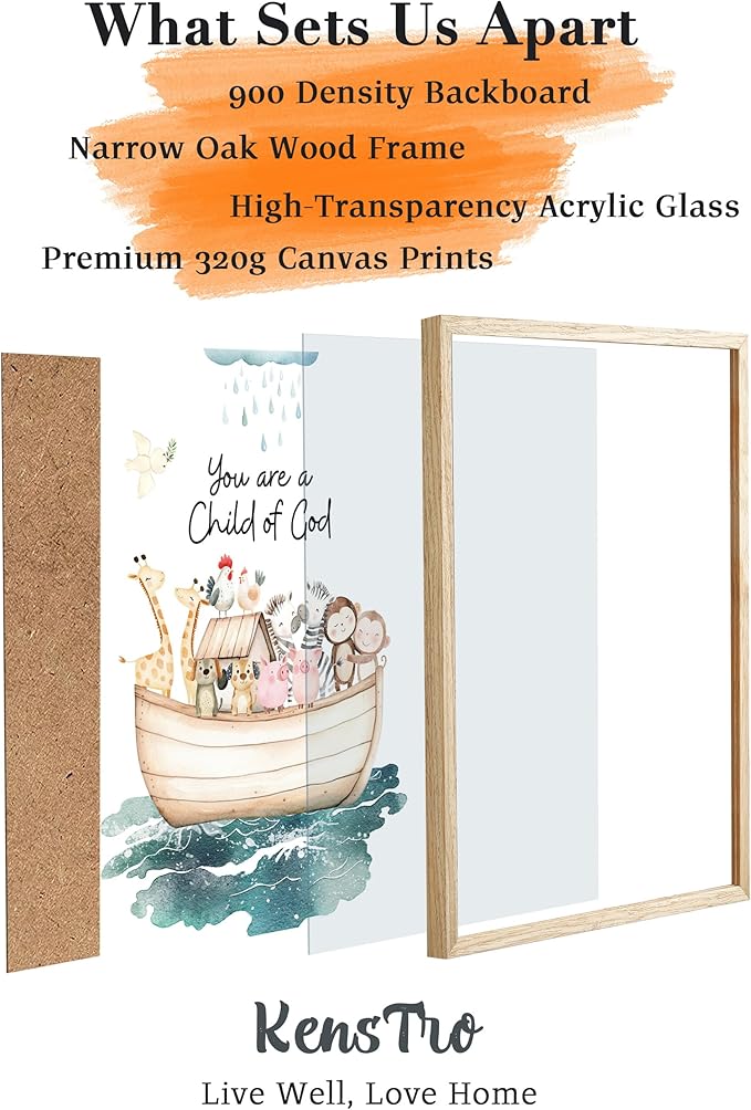 KensTro Natural OAK Wood Noah Ark Framed Wall Art, 12x16 in Being Loved By God,Ark Guardian Animal Christian Bible Verse Canvas Art,You Are a Child of God,Set of 1 Decor Painting for Children's Space