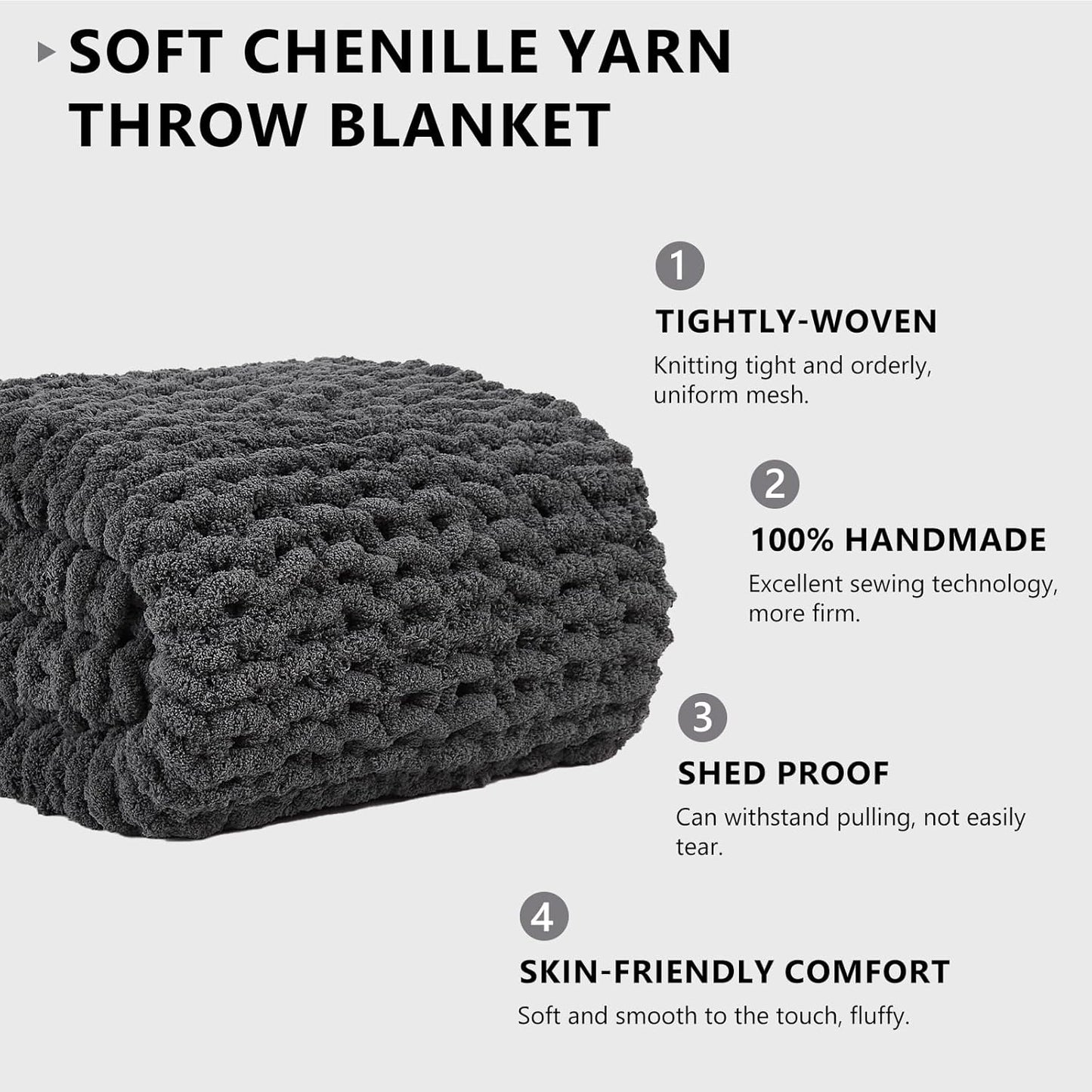L'AGRATY Chunky Knit Blanket Throw - Soft Throw Blanket 60x80: 100% Hand Kintted Chenile Crochet Throw Blanket for Couch - Large Cable Knit Blanket for Home Decor(Dark Grey)
