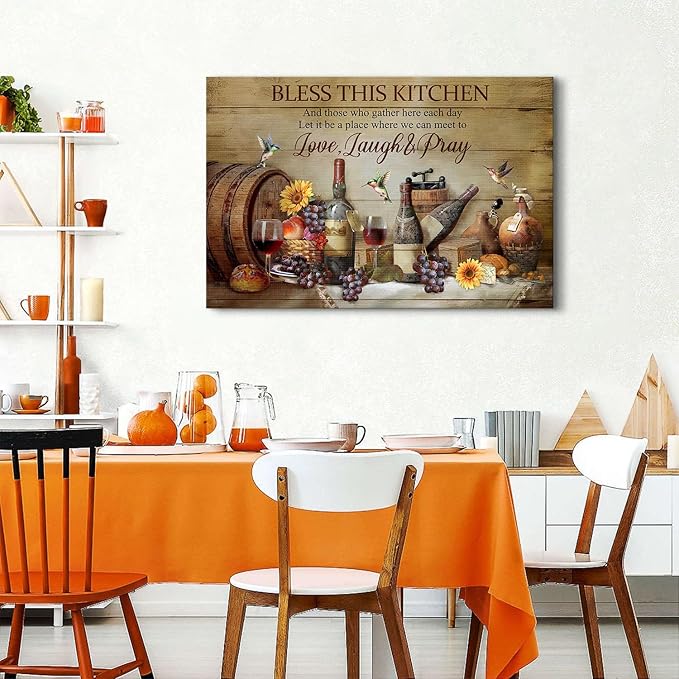 Bless This Kitchen Wall Art for Dining Room Picture Wall Decor, Vintage Farmhouse Fruit Wine Poster Canvas Prints Rustic Inspirational Quotes Painting Artwork for Living Room Home Decorations 32x48"