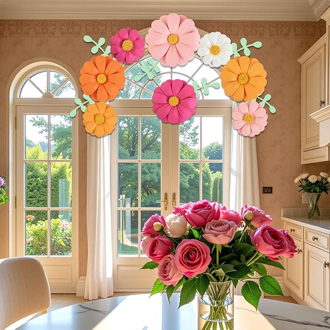 SUNBEAUTY Daisy Paper Flowers Party Decorations, Party Flower Decorations, Orange Yellow Flowers Wall Hanging, 1st Birthday Bridal Baby Shower Wedding Classroom Tea Party Daisy Décor