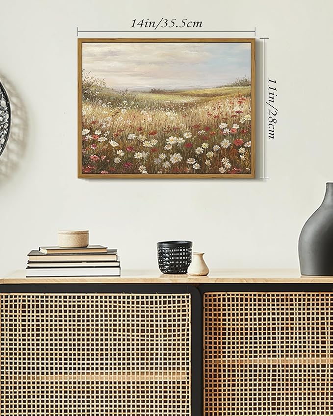 SHENIFY Vintage Framed Wall Art Meadow with Flowers Landscape Scenery Home Decor Retro Wildflower Field Decorations for Farmhouse Bedroom Ready to Hang Wall Artwork - 11x14in Natural Framed