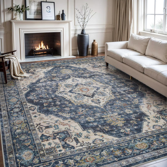 AMOAMI-Area Rug 9X12 Rugs for Living Room-Vintage Soft Blue Rugs for Bedroom-Non Slip Carpet-Washable Rug for Dining Room Living Room Bedroom Office Under Table