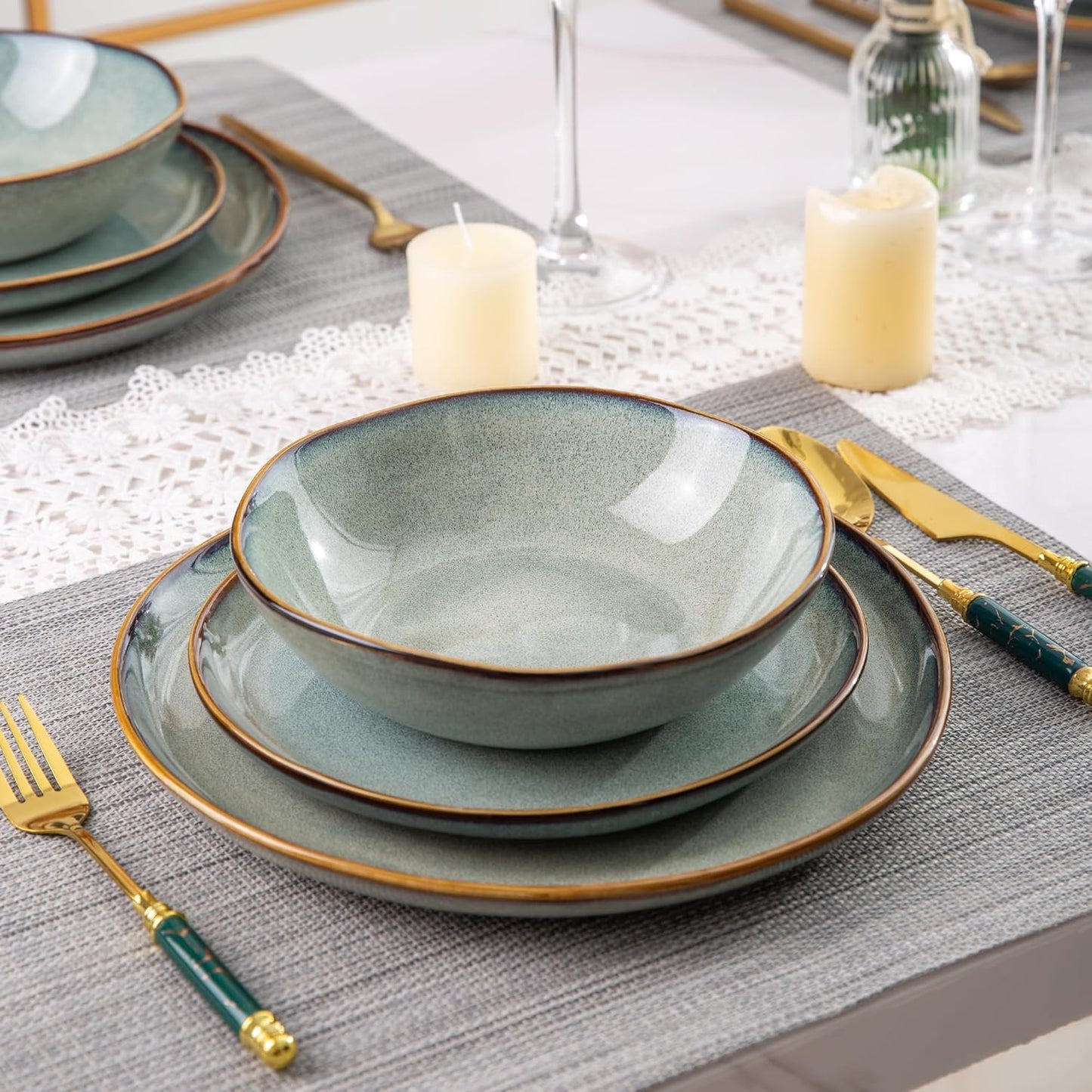 AmorArc Ceramic Dinnerware Sets,Handmade Reactive Glaze Stoneware Plates and Bowls Set,Highly Chip and Crack Resistant | Dishwasher & Microwave Safe,Service for 8 Dishes Set (24pc)