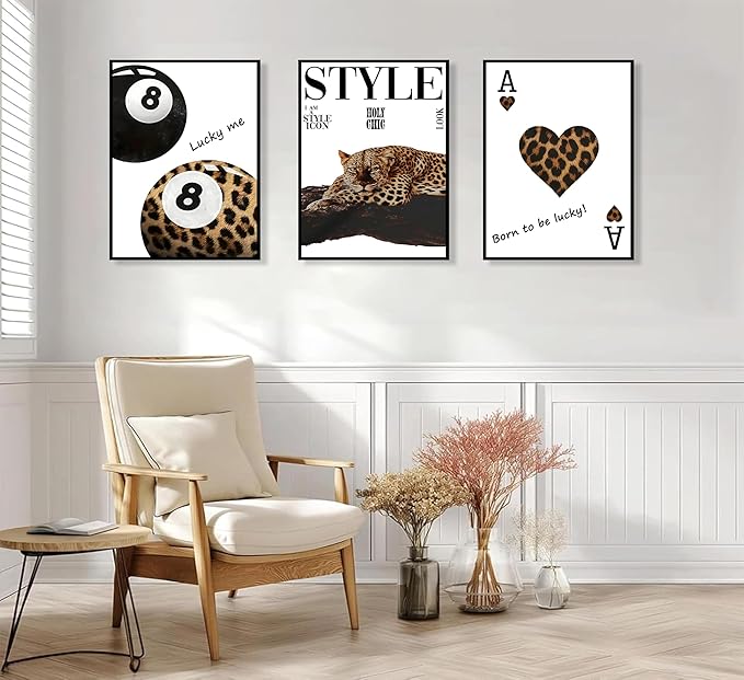 3Pcs Fashion Leopard Print Canvas Wall Art Cheetah Paintings Wall Decor Stylish Lucky 8 Ball Posters Prints College Style Room Aesthetic Pictures for Girls Bedroom Apartment Dorm Decoration Unframed