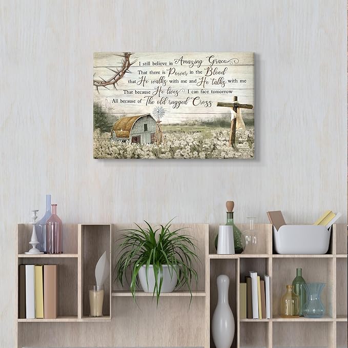 HDXUFJQ Christian Wall Art Barn Windmill Canvas Wall Decor Religious Cross Wall Art I Still Believe In Amazing Grace Picture Print Christian Prayer Decor Paintings Ready To Hang(16"x24")