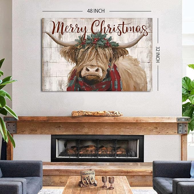 Merry Christmas Wall Art Farmhouse Highland Cow Pictures Wall Decor for Living Room Rustic Country Farm Animal Canvas Prints Vintage Christmas Artwork for Kitchen Dining Room Home Decorations 32x48"