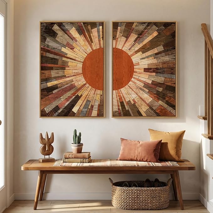 Framed Boho Mid Century Sun Wall Art for Living Room, Set of 2 Retro Abstract Sunrise Canvas Artwork for Walls, Vintage Earth Tone Painting Prints Wall Art Decor for Bedroom Hallway Office, 24x36 Inch