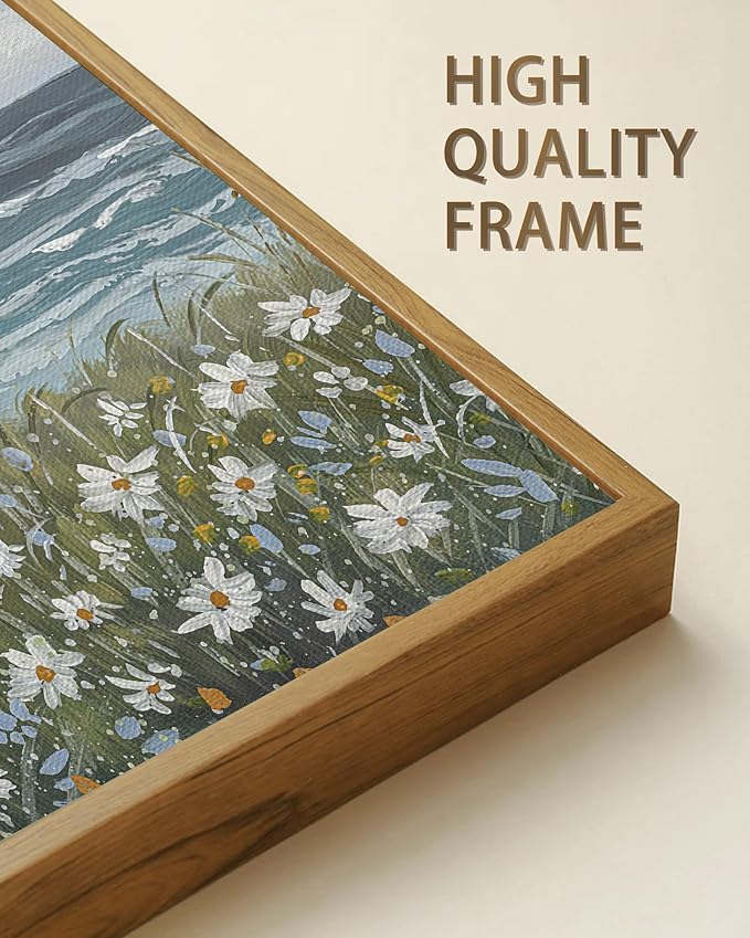 SHENIFY Vintage Landscape Framed Wall Art Sea Coastal Wildflower Field Scenery Farmhouse Decor Retro Painting for Living Room Bedroom Ready to Hang Wall Artwork - 24x36in Natural Framed