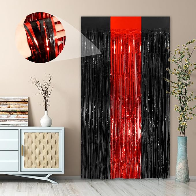 Black Red Fringe Curtain Party Streamers 2Pack 3.3 x 8.3 Ft Foil Fringe Backdrop Curtains for Birthday Wedding Bridal Baby Shower Holiday Tinsel Streamers Black Party Decorations Door Streamers
