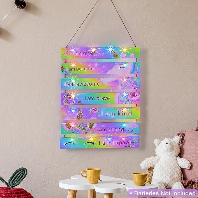 FIOBEE Girls Room Décor for Teen Girls Boys with LED Light Wall Decor for Bedroom Motivational Inspirational Wall Art Girl Room Decoration for Kids Studyroom, 8 Kinds of Lights, Rainbow Unicorn