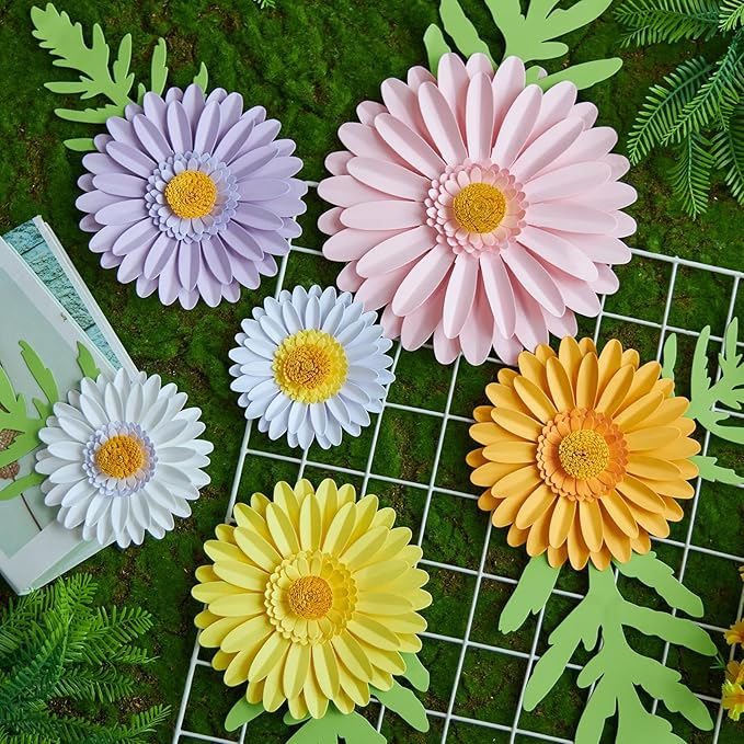 SUNBEAUTY Daisy Party Decorations, Paper Flowers, Flower Wall, Purple Yellow Flowers Wall Hanging, 1st Birthday Bridal Baby Shower Wedding Classroom Tea Party Daisy Décor 10" 7" 5" Pack of 12