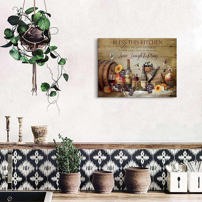 Christian Wall Art Kitchen Wall Decor Rustic Wine Decor Dining Room Pictures Farmhouse Bless This Kitchen Wall Art Gather Sign Canvas Prints Vintage CountryPainting Artwork Home Decorations 12x16"