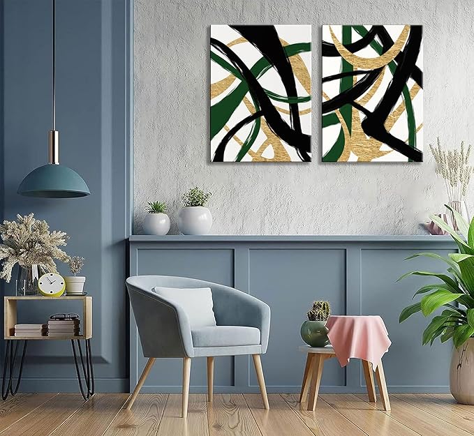 GKQNMU 2pcs Abstract Stripe Canvas Wall Art Modern Minimalist Geometry Wall Decoration Pictures Green Gold And Black Prints Posters Paintings for Living Room Bedroom Office Decoration Ready To Hang