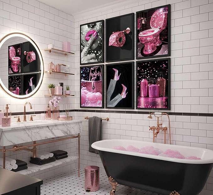 6Pcs Fashion Bathroom Canvas Wall Art Black and Pink Glam Glitter Tissue Funny Modern Women Painting Pictures Wall Decor Poster Print Artwork for Toilet Home Decoration Unframed