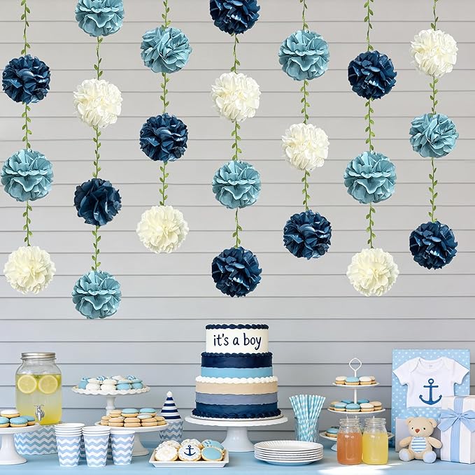 Dusty Blue Party Decorations Dusty Navy Blue Beige Tissue Paper Flowers Pom Pom with Leaf Ribbon Hanging Garland Streamer for Birthday Baby Shower Wedding Graduation Retirement Nautical Party Supplies
