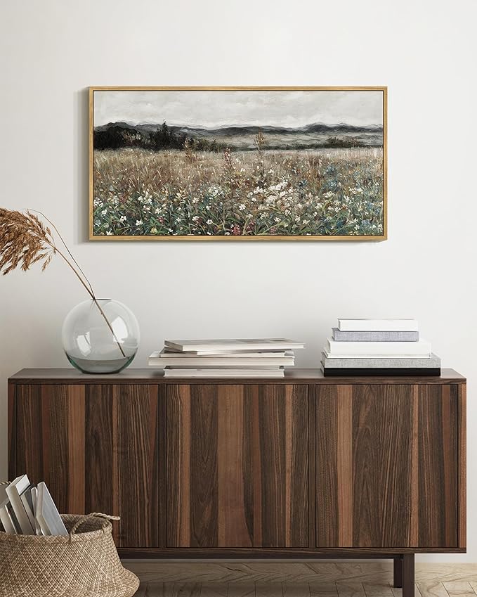 SHENIFY Vintage Landscape Framed Wall Art Meadow Flowers Farmhouse Decor Retro Classic Painting for Kitchen Bedroom Living Room Bathroom - 8x16in Natural Framed