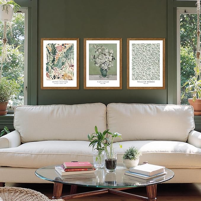 JLTULT 3 Piece Vintage Sage Green Canvas Wall Art, Van Gogh Matisse Wall Decor, Botanical Painting Artwork Prints for Living Room Bedroom Home Office 12X16 inch Wood Framed Easy to Hang