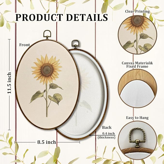 JQF Vintage Yellow Floral Oval Wall Decor, Rustic Farmhouse Flower Oval Canvas Wall Art, Neutral Cottagecore Botanical Floral Framed Prints Hanging Decor for Home Bedroom Living Room, 8.5x11.5 Inch