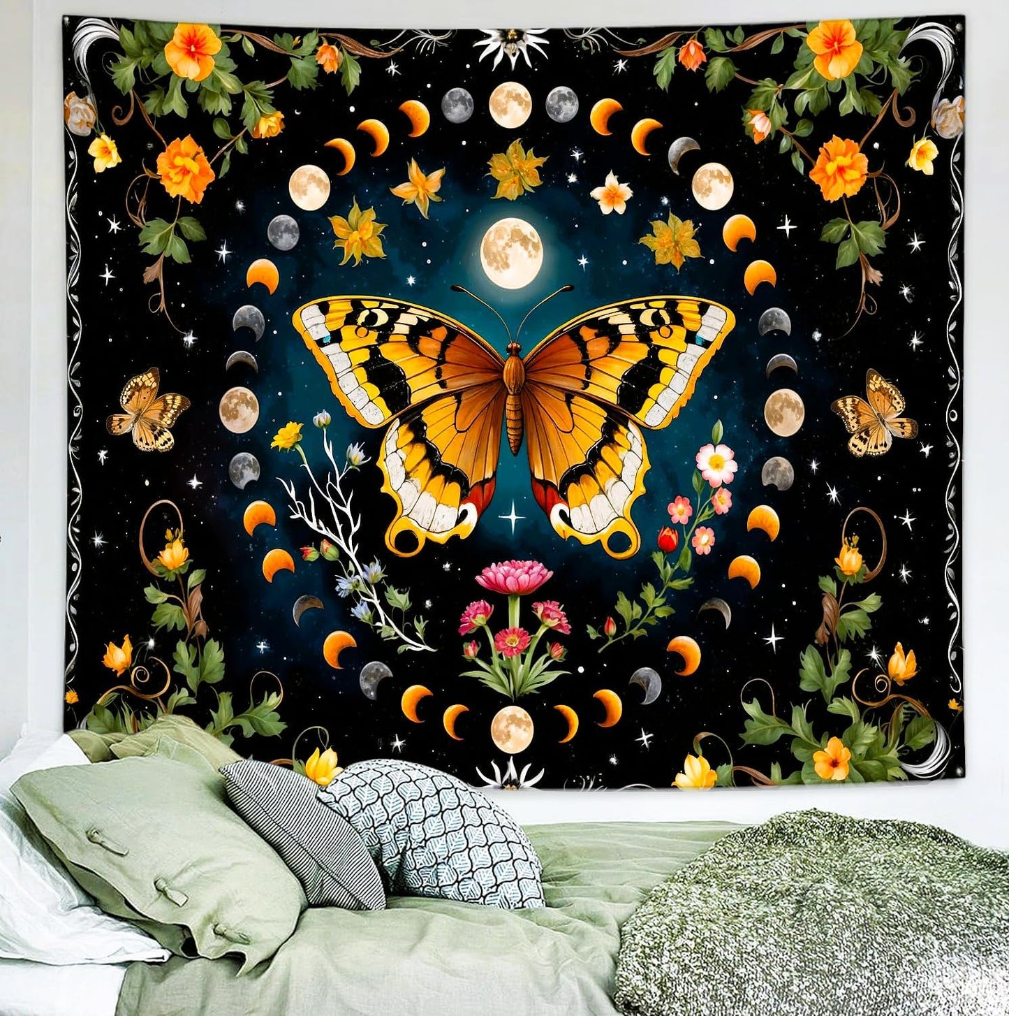 Delur Butterfly Moon Flower Tapestry Botanical Floral Plant Boho Tapestry Wall Hanging Mandala Aesthetic Mushroom Retro Vintage Headboard for Bedroom Living Room Home Decor (51.2" x 59.1")