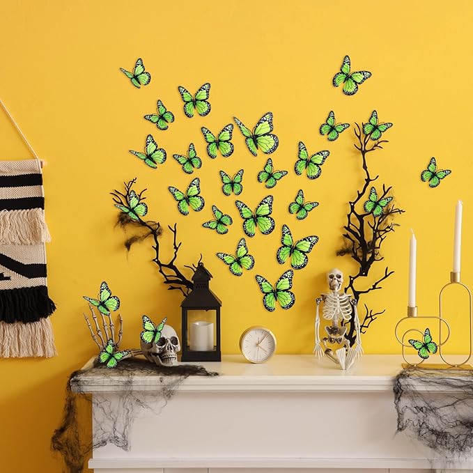 Chuangdi 48 Pcs Green Monarch Butterfly Decorations 3 Size Fake Butterflies Realistic Butterfly Craft Artificial Mariposas Wall Decor for Craft Wedding Home Birthday Party (3.2inch,4inch,4.7inch)