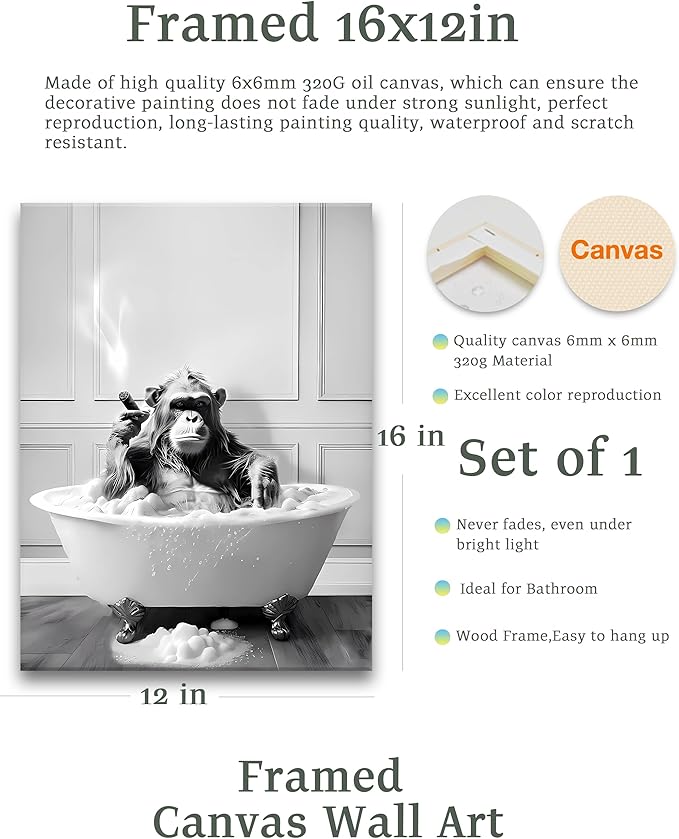 KensTro Funny Bathroom Wall Art Decor,12" x 16" Framed Canvas Bathroom Wall Art Picture,Black and White Chimpanzee in Bathtub Bathing Wall Art Animal Abstract Prints,Wall Decor for Bedroom,1Pack Gift