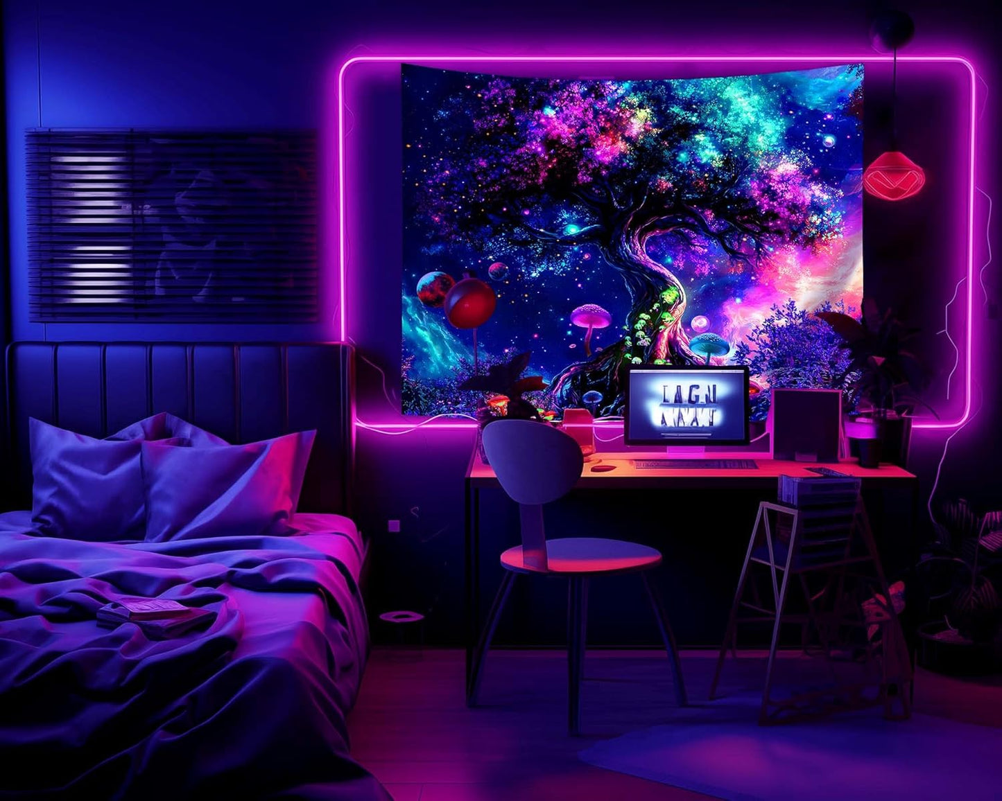 dueeia Blacklight Tree Life Tapestry Wall Hanging Fantasy Black Light Glow in the Dark Uv Mushroom Tapestries for Bedroom Aesthetic Living Room Wall Decor (90.6"x70.9")