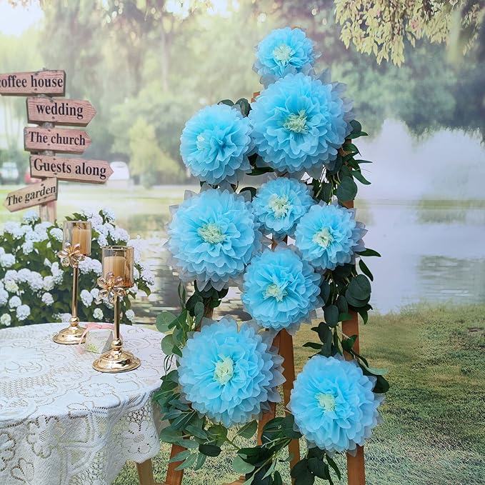 Mybbshower 9pcs Mixed 7'' 9'' 11'' Blue Tissue Paper Pom Poms Flower for It's A Boy Baby Shower Birthday Nursery Room Decorations