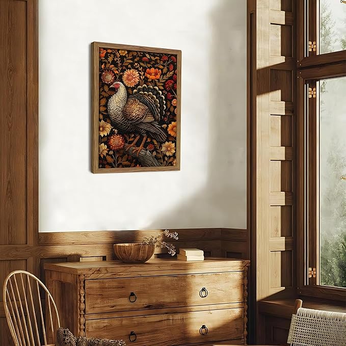 Framed Vintage Turkey 3D Textures Wall Art – Fall Floral Thanksgiving Wall Decor, Rustic Autumn Harvest Bird Artwork Painting for Living Room Kitchen Dining Room – 12x16in