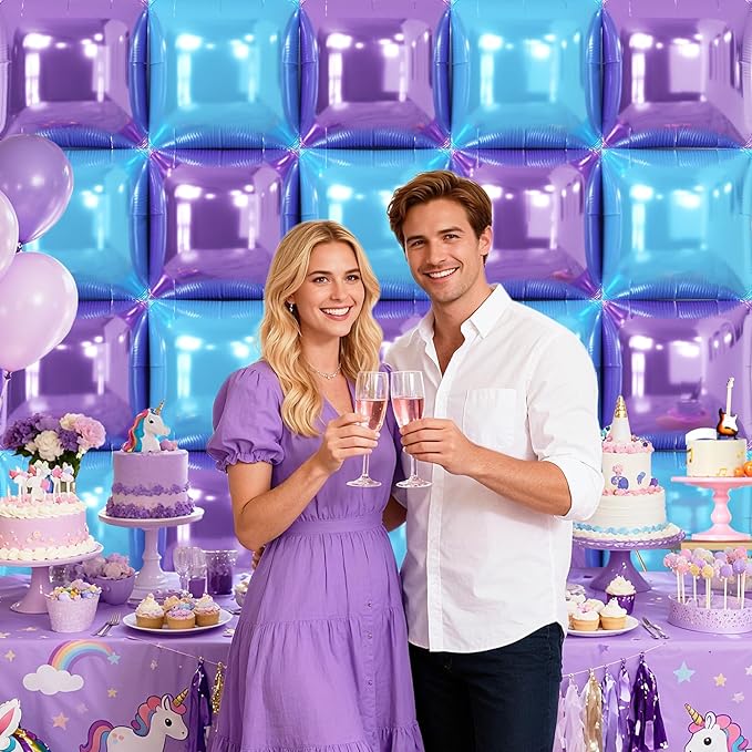 NISOCY 25PCS Light Purple and Blue Square Foil Balloons Wall Backdrop Double Sided Purple and Light Blue Frozen Balloons Arch Kit for Birthday Baby Bridal Shower Kids Winter Theme Party Decorations