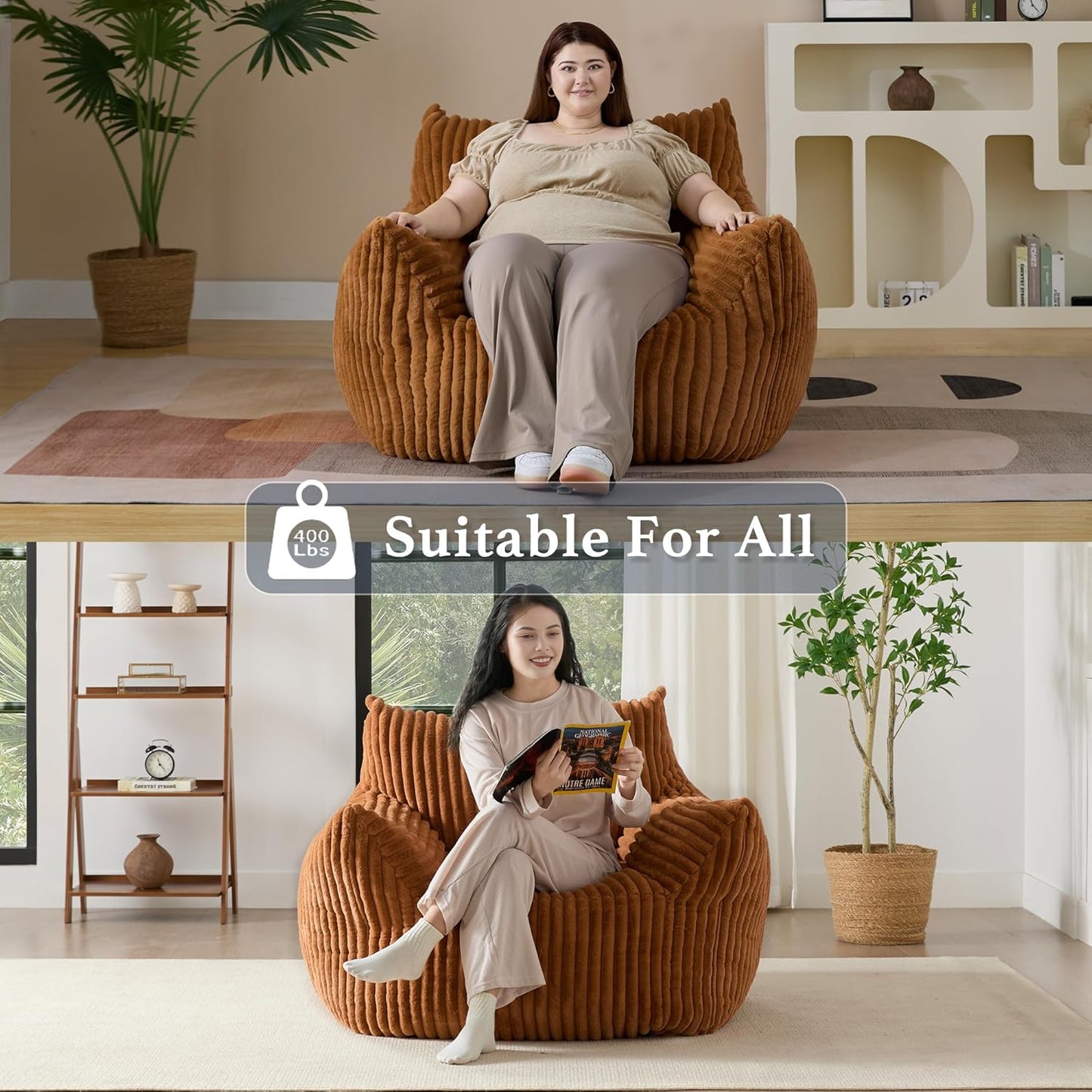 Giant Plush Bean Bag Chair for Adults with Armrests - Oversized Comfy Orange Beanbag Lounge Lazy Floor Sofa Accent Chair for Living Room, Bedroom & Dorm, Cozy Fluffy Single Cloud Mini Couch