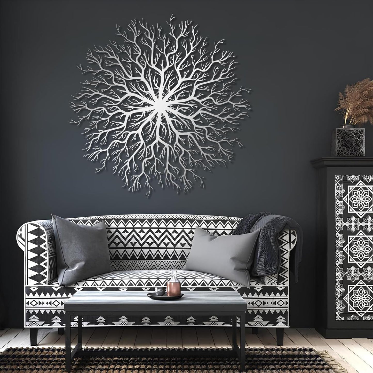 Tree of Life Metal Wall Art, Metal Tree Wall Art, Large Round Sculpture, Round Branch Wall Decor, Large Branch Artwork, Nature Sign, Wall Decor for Living Room, Housewarming Gift (Silver, 32"x32"|80x80cm)