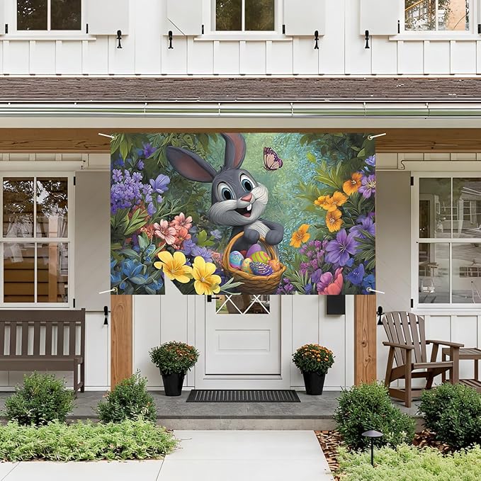 Happy Easter Backdrop 71" X 43" Happy Easter Day Banner Rabbit Party Decorations Bunny Photography Background