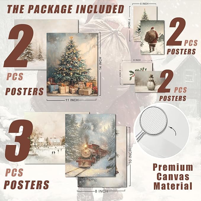 uniro Christmas Wall Art Prints, Vintage Christmas Decor, Farmhouse Winter Holiday Canvas Art Prints, Snowman Pine Tree Santa Claus Forest Landscape Xmas Poster Set, Rustic Christmas Picture Wall Decor for Bedroom, Living Room, Gallery, Winter Room Dec...