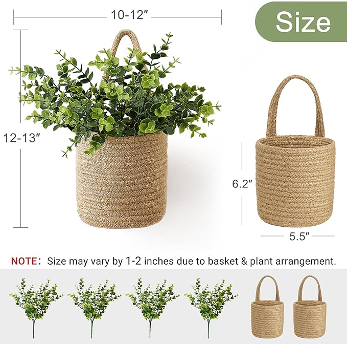 Dahey 2 Pack Wall Hanging Rope Basket (5.5"W×6.2"H) with Artificial Eucalyptus, Jute Woven Storage Organizer Flower Plants Basket Farmhouse Rustic Wall Decor for Porch Living Room Bedroom Entryway