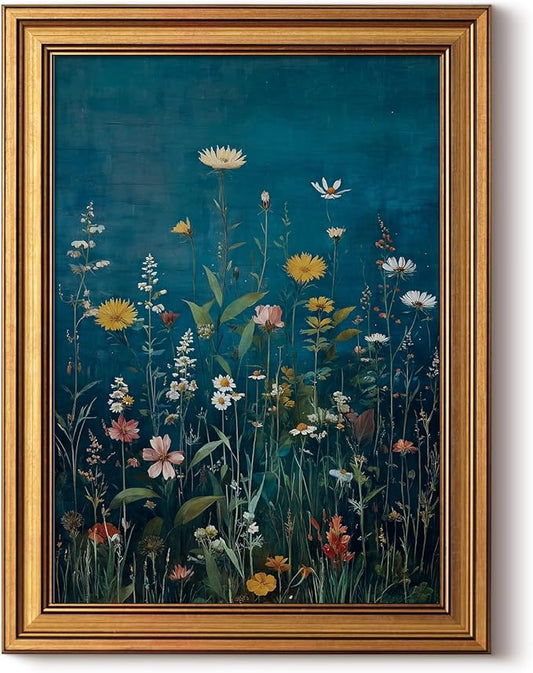 HUARCEY Framed Canvas Wall Art Vintage Decor, Wildflowers Picture Decor, Rustic Vintage Neutral Canvas Paintings Retro Table Desk Pictures for Bedroom Living Room, 12x16Inch
