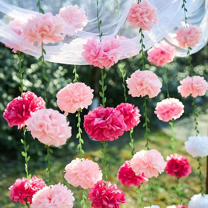 4 Pcs Gradient Pink Flower Garland Banner for Bridal Shower Decorations, Baby Shower Decorations for Girls, Pom Pom Garland, Paper Flowers Party Decorations for Birthday